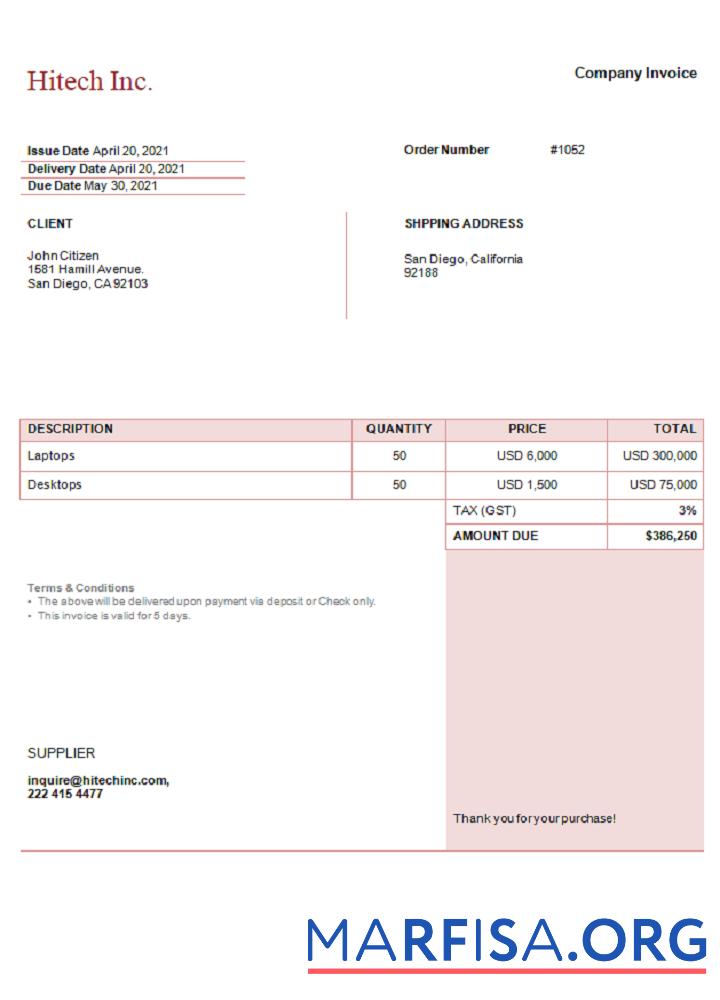 Downloadable USA Hitech Inc. invoice download for verification